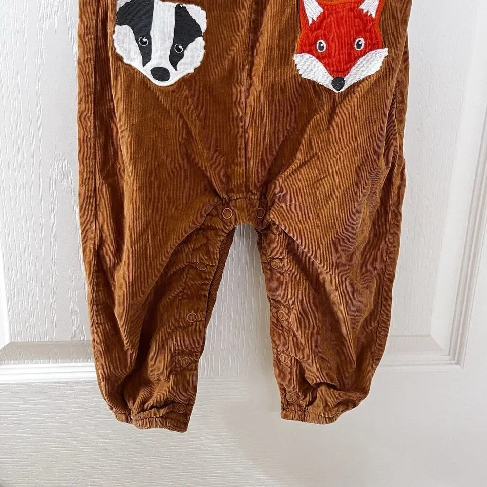 Baby Boden Badger Fox Applique Brown Corduroy Dungaree Overalls SZ 18-24 Months